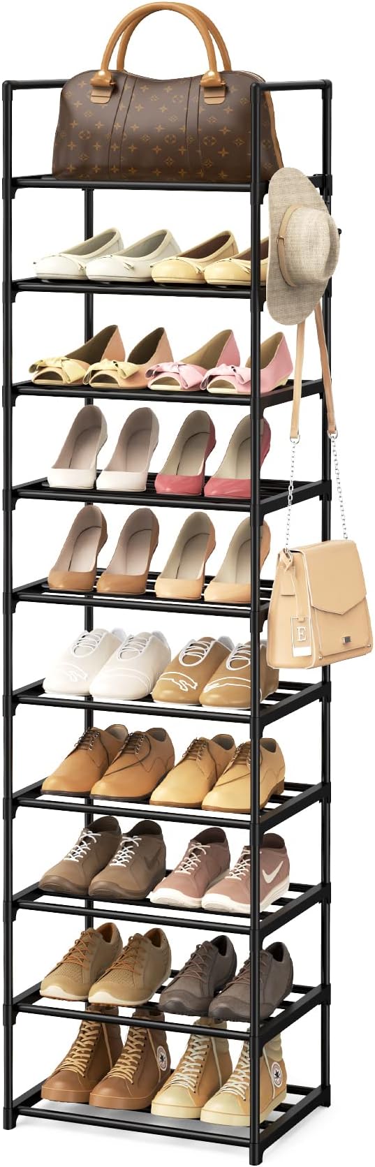 Narrow Shoe Rack 10 Tiers Tall Shoe Rack for Entryway 20 24 Pairs Shoe & Boots Organizer Storage Shelf Durable Black Metal Stackable Shoe Cabinet with Hooks, 17.1D x 11.8W x 78.7H in