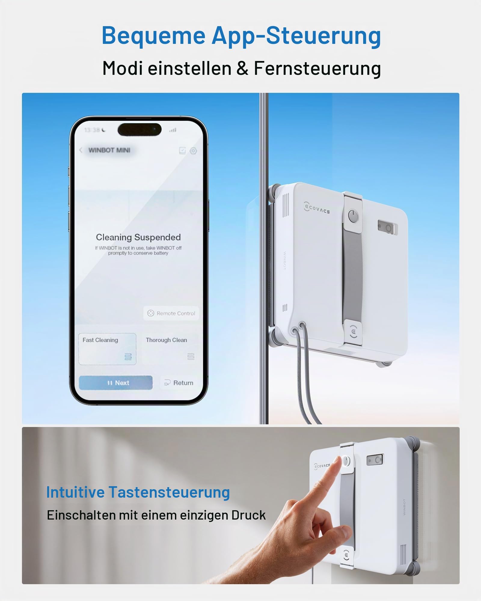 ECOVACS WINBOT MINI2 Fensterputzroboter, Fensterreiniger Roboter mit 6 Smart Reinigungsmodi, Win-SLAM 4.0 Navigation, Automatischer Glasreiniger für Fenster, Spiegel & Glastüren