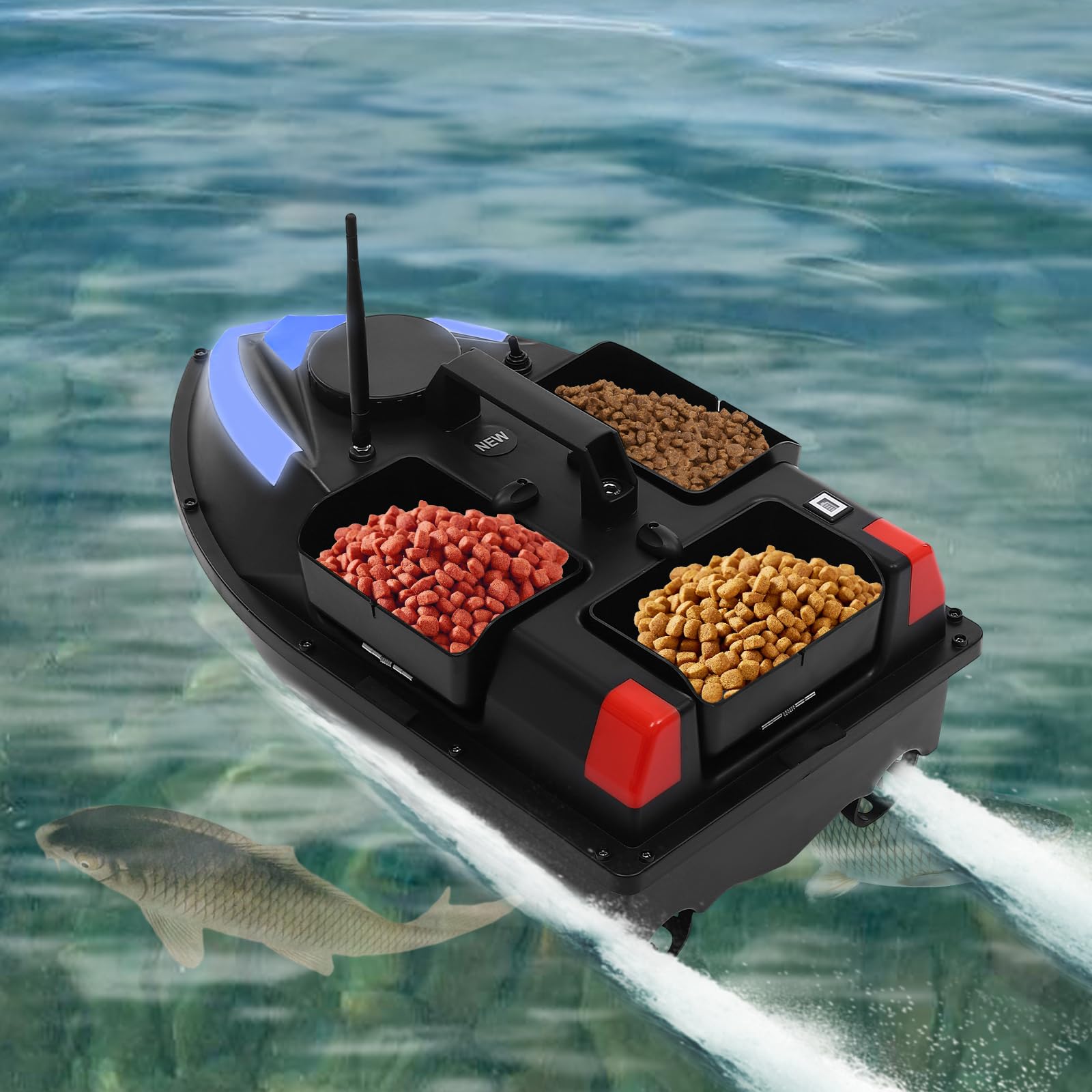 Esca da pesca, barca da pesca, 500 m, GPS, barca da pesca, senza fili, con telecomando e 3 scatole per esche per bacini, laghi e oceani