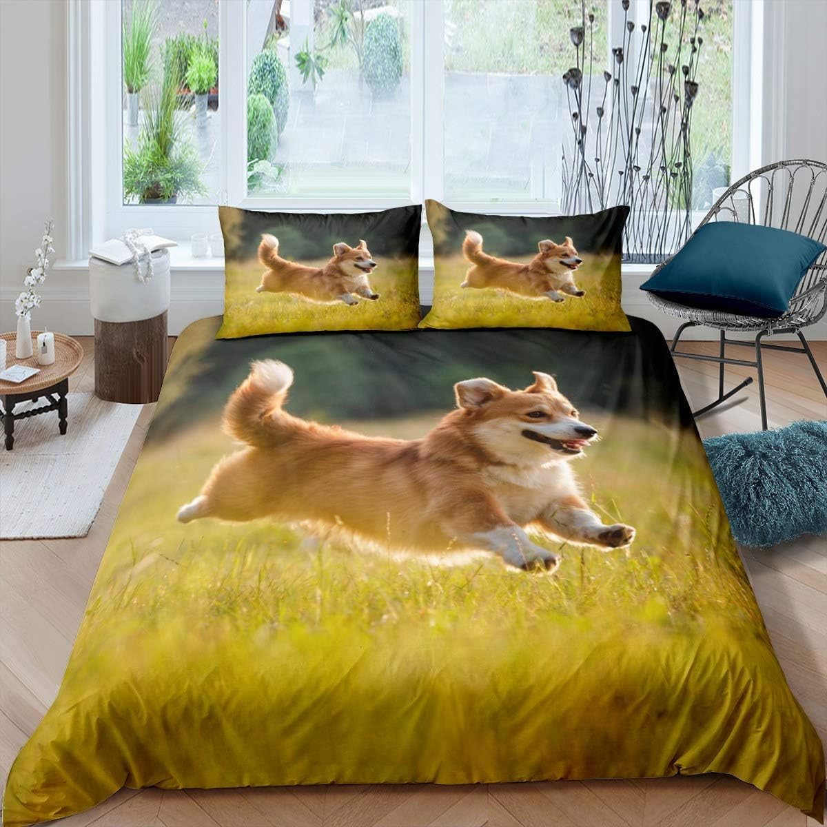 Housse de couette 240x260 chien corgi parure de lit 2 personnes en microfibre douce