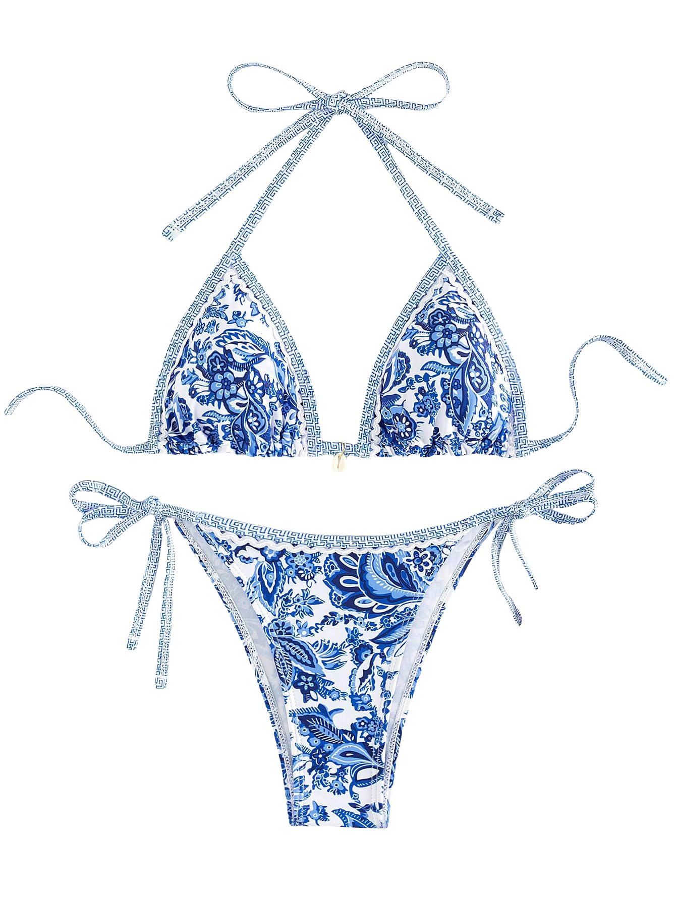 WDIRARA Womens 2 Piece Boho Swimsuits Floral Print Halter String Triangle Bikini Set Beach Bathing Suit