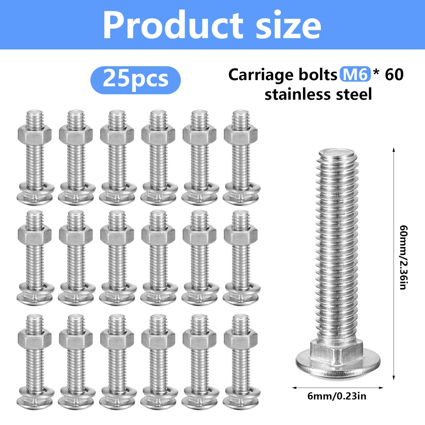 25 Pezzi Viti a Testa Tonda m6 x 60mm, Bullone Carrello, Vite a Testa Tonda Piatta in Acciaio Inox V2A A2, Bulloni a Testa Piatta Tondacon Dadi e Rondelle, Bulloni Dadi Set