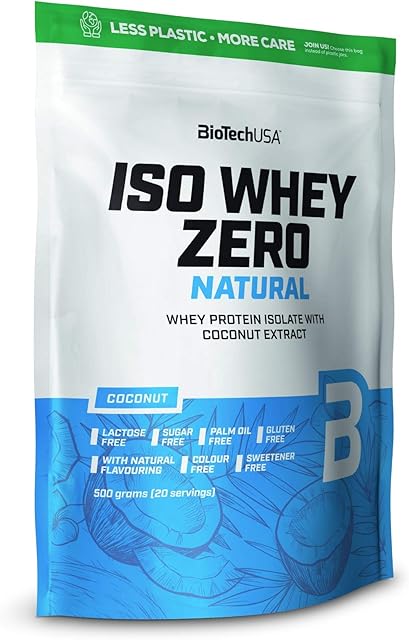 BioTechUSA Iso Whey Zero Natural napój białkowy w proszku na bazie izolatu białka serwatkowego, bez barwników i substancji słodzących, 500 g, Kokosowym