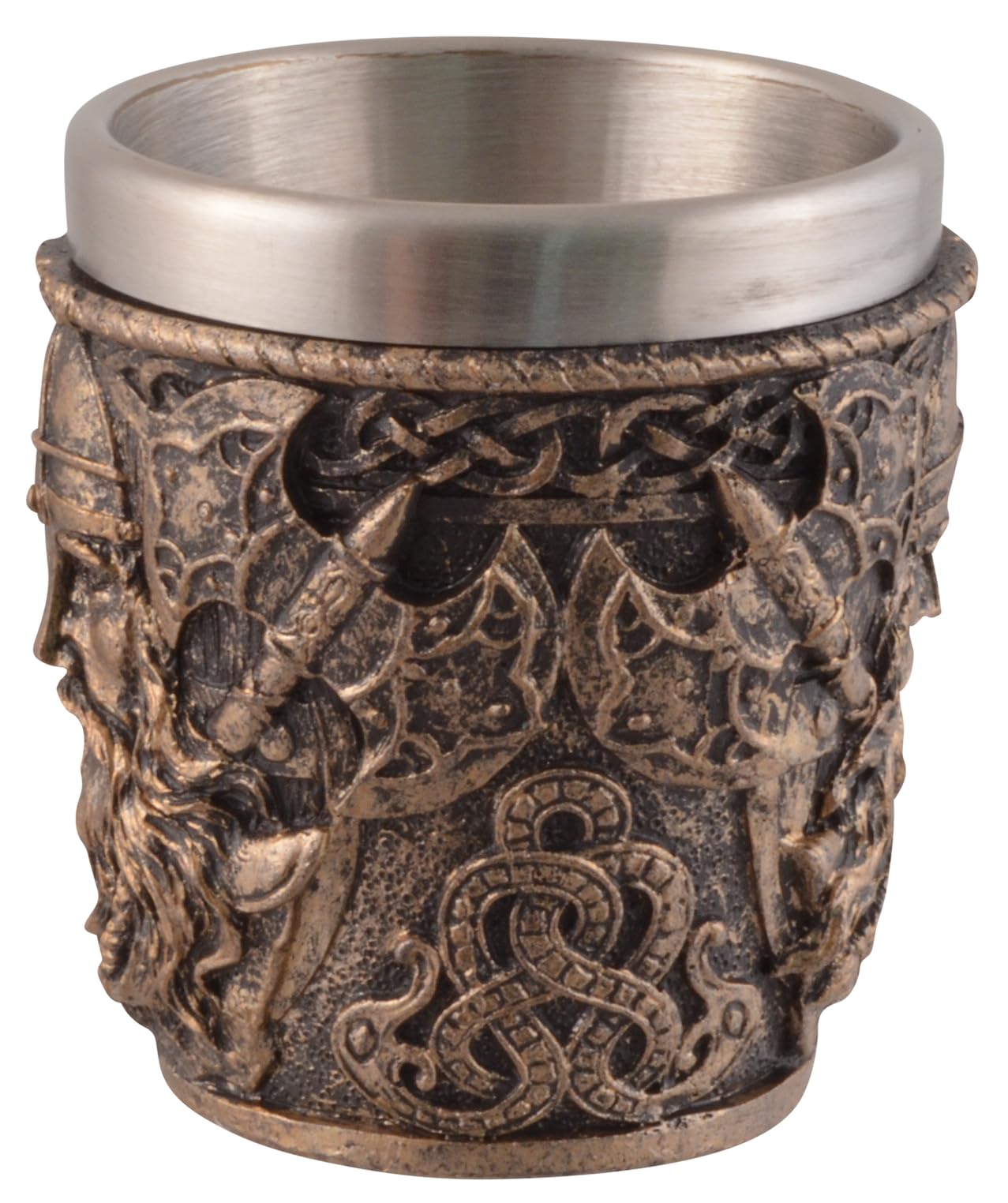 VOGLER Joh. Vogler GmbH Lot de 4 verres à shot en forme de tête de viking, avec insert en acier, en pierre artificielle, peint à la main, couleur bronze, volume : 50 ml