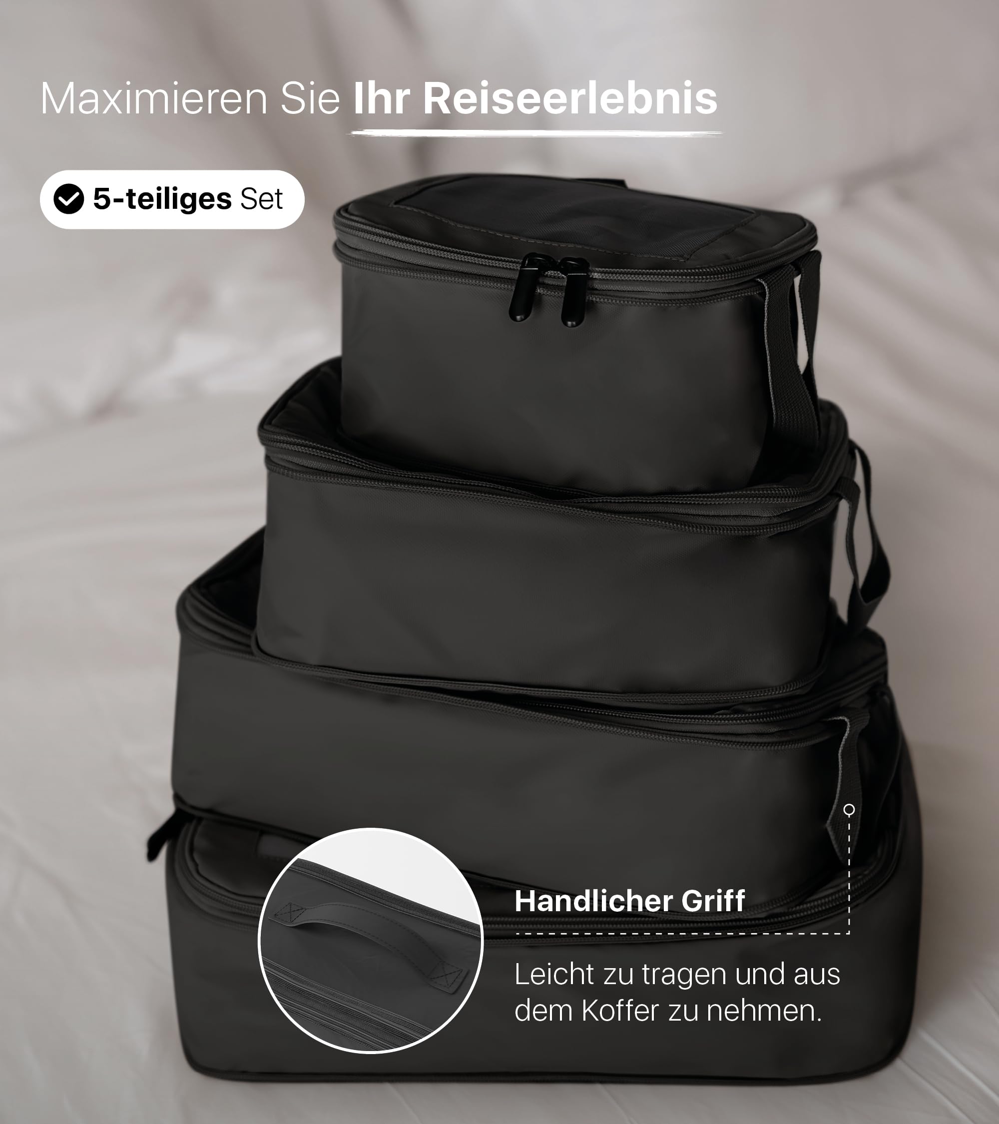 ONYX 5-teiliges Packing Cubes Compression Set inkl. Schuhbeutel bzw. Wäschesack – Packwürfel Kompression für bis zu 50% Platzersparnis, Koffer Organizer Set aus 900D Polyester, Schwarz