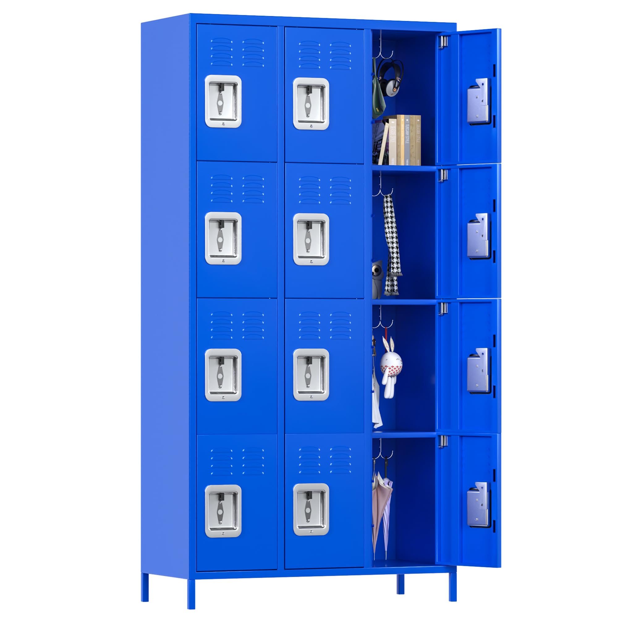 Aobabo 12 Doors Metal Storage Locker for Employees, Storage Lockers for School Office Gym Bedroom, Industrial Steel Storage with 12 Hooks, Blue, Assembly Required