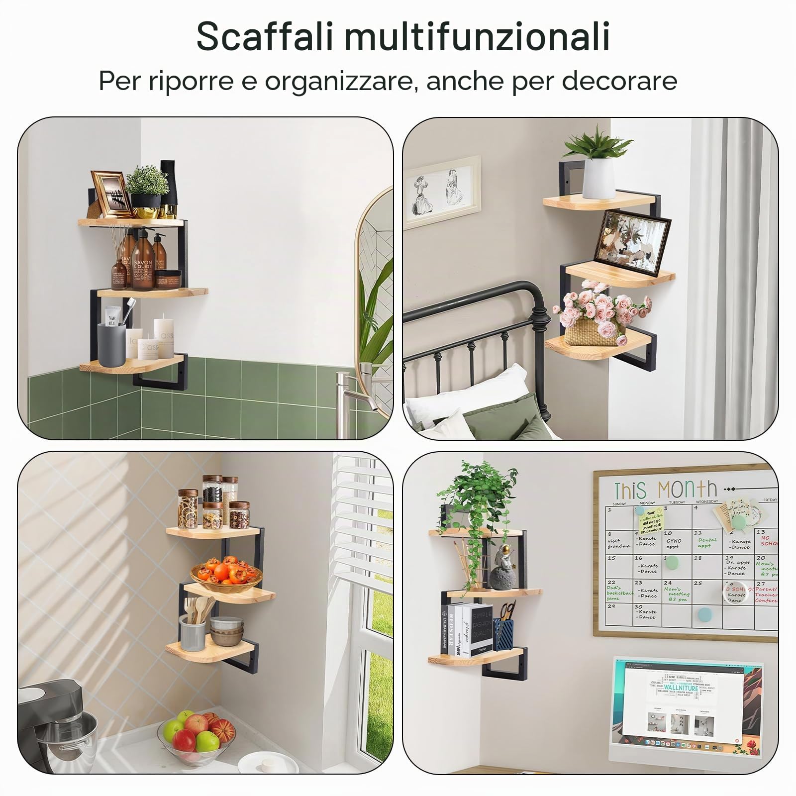 Set di 3 mensole angolari in legno rustico, marrone, per cameretta, libreria, bagno, soggiorno, cucina