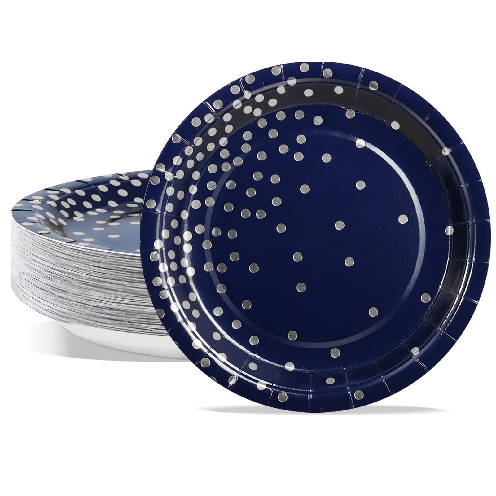 PYAILI Party Paper Plates, 50-Pack Disposable Navy Blue Silver Plates, Foil Polka Dots, 23 Centimetres-9 Inch