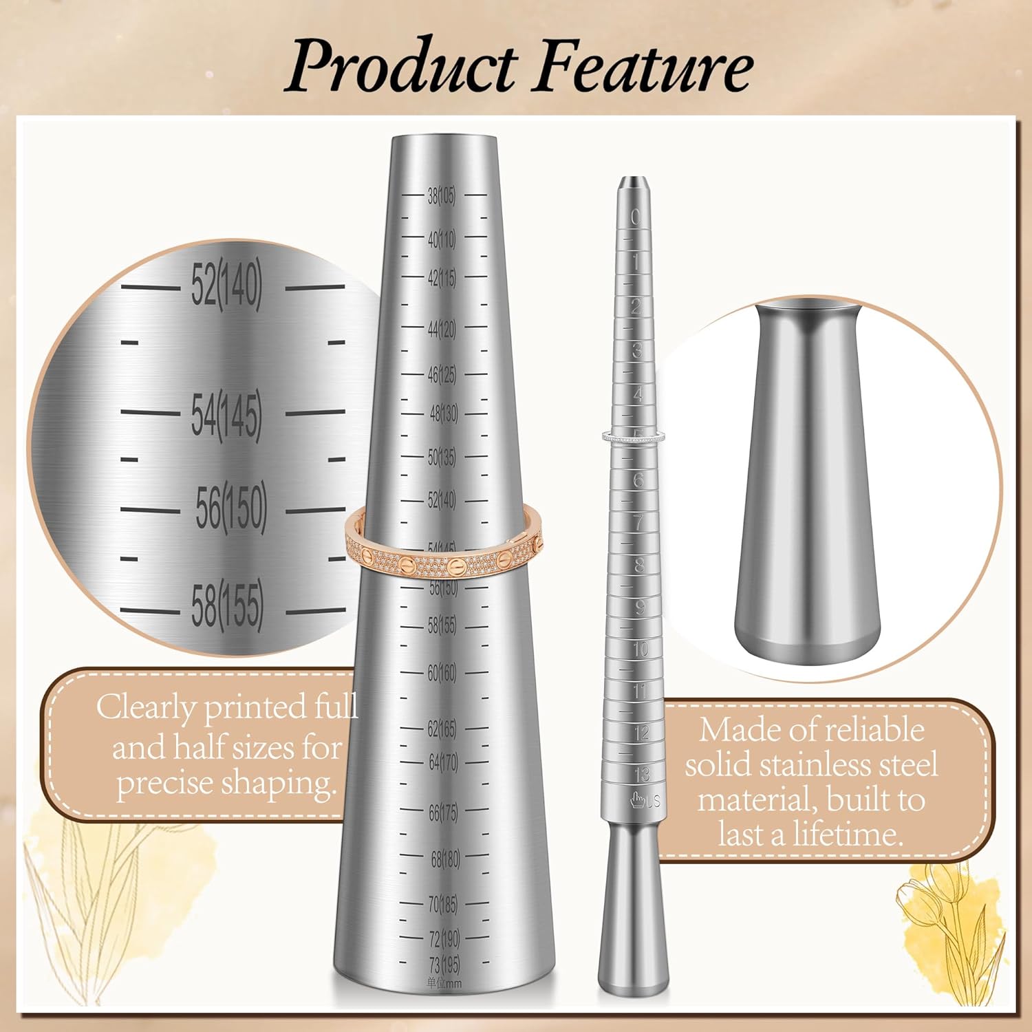 HappyAlley Ring Bracelet Sizer Measuring Tool Set, Includes Metal Ring Mandrel, Metal Bracelet Mandrel, Rubber Mallet Hammer, Stainless Steel Sizers for Measuring and Repairing Rings and Bracelets