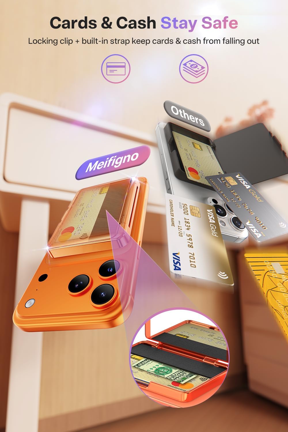 Meifigno Strong Magnetic Phone Wallet with Mirror & Kickstand, Magnetic Phone Card Holder (3-4 Cards & Cash) Compatible with iPhone 17/16/15/14/13/12 Series, Metal Plating Glossy, Orange - Image 3