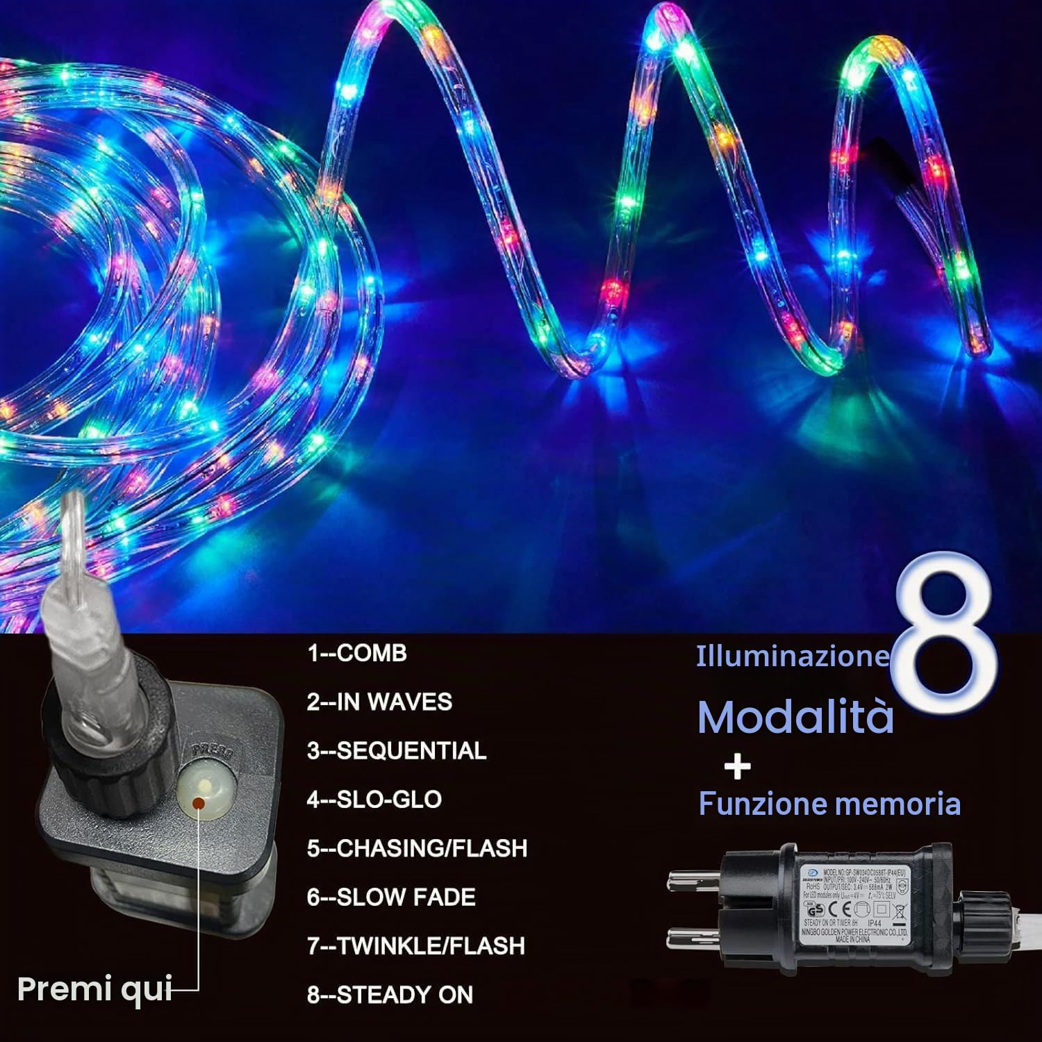 Gresonic Tubo luminoso con 400 LED, 20 m, per esterni, con corrente, 8 modalità (blu colorato, 400 LED)
