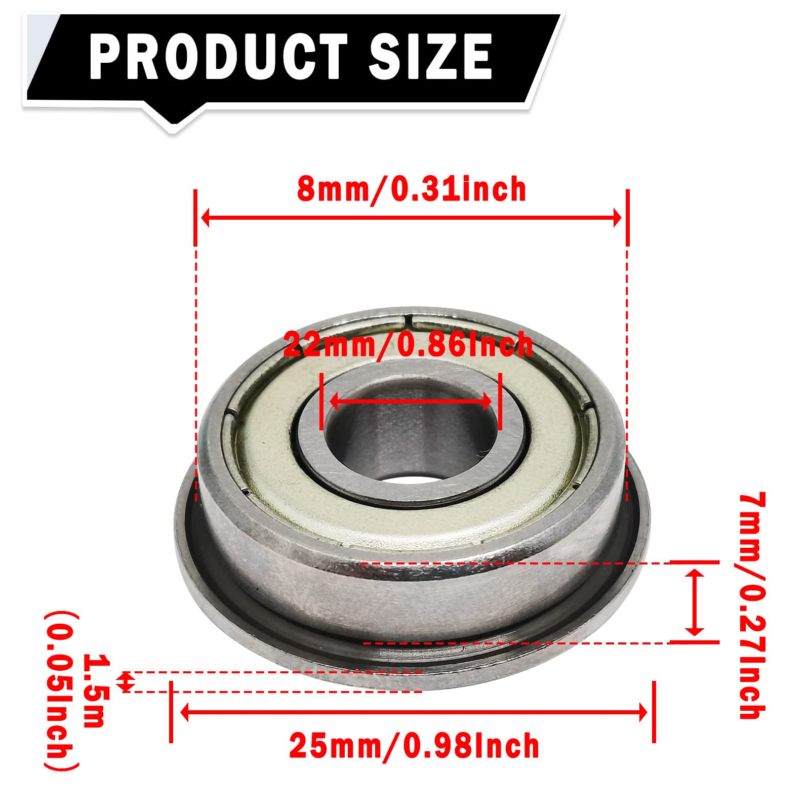 10pcs F608ZZ Flange Bearing,Id 8mm,Od 22mm,Thickness 7mm,Double