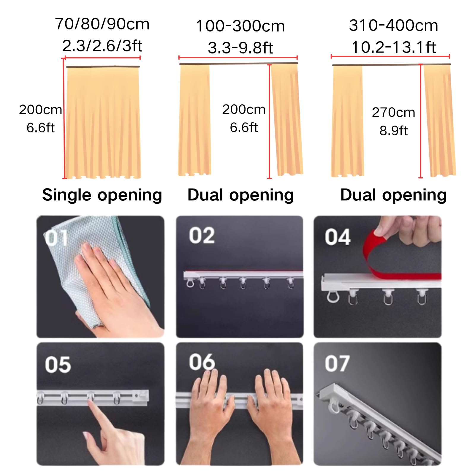 Système de rails pour rideaux de plafond, sans perçage, avec crochets, réglable de 70 à 400 cm, support adhésif pour salon, chambre à coucher, salle de bain (400 cm)