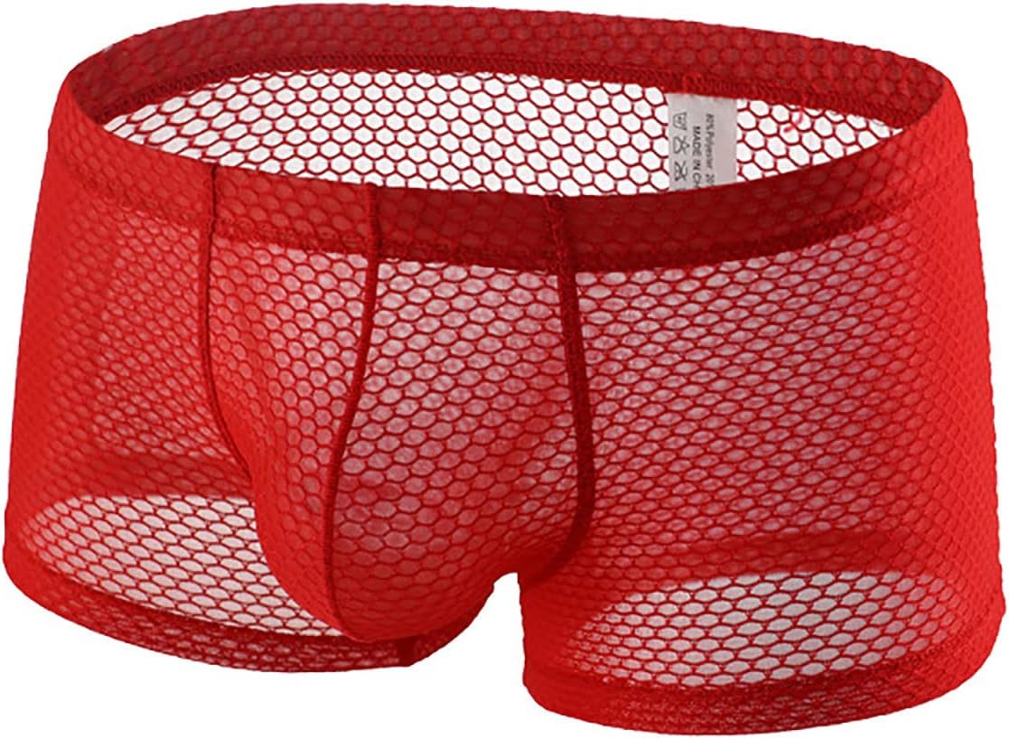 Men's Sexy Underwear Breathable Mesh Boxer Briefs Trunks See Through Fishnet Hollow Out Lingerie Booty Shorts