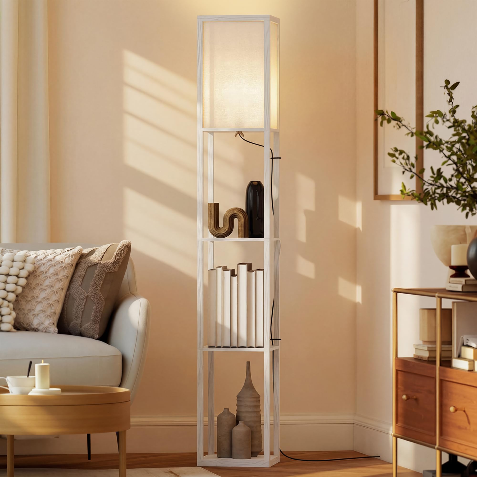 HOMCOM Lámpara de Pie con Estantes de Almacenaje, Lámpara de Madera Moderna, Bombilla E27, para Salón, Dormitorio, Oficina, Blanco