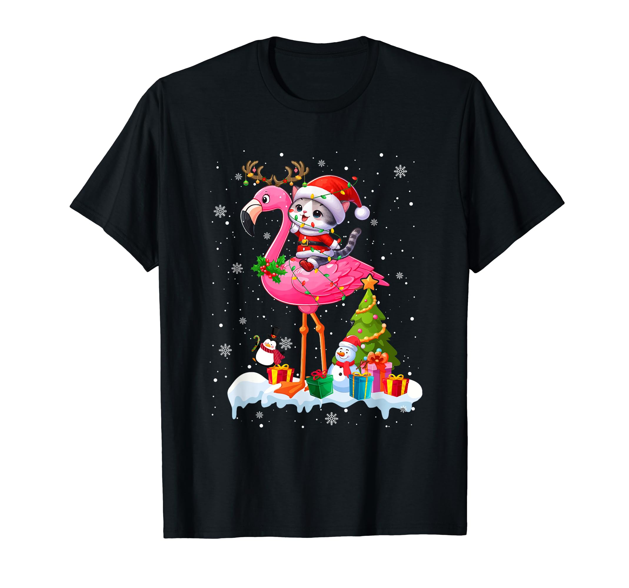 Santa Cat Riding Reindeer Flamingo Christmas Kid Toddler T-Shirt