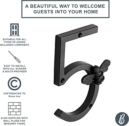 Miniatura 5 de Brass bee Número de casa con diseño de abeja, placa moderna de números de puerta de 5 pulgadas, números de dirección de casa de calle, metal de