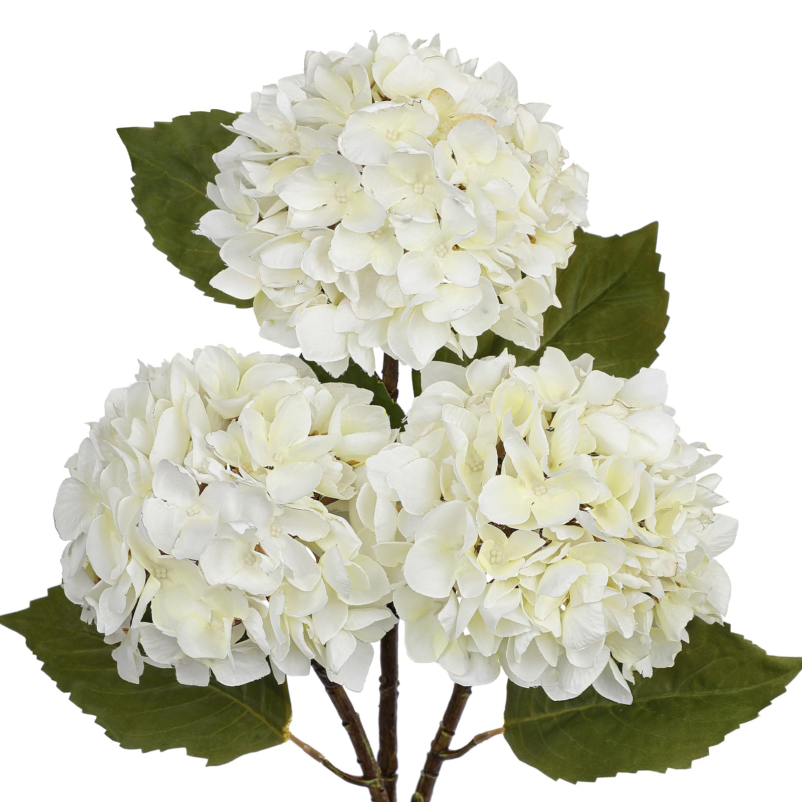 Hollyone Pack of 3 Hydrangea Artificial Flowers, Pure White Fake Hydrangea Stems with Large 7'' Blooms, Long Stem Silk Flowers for Floral Arrangement, Tall Vase, Home Decor, Wedding Decorations