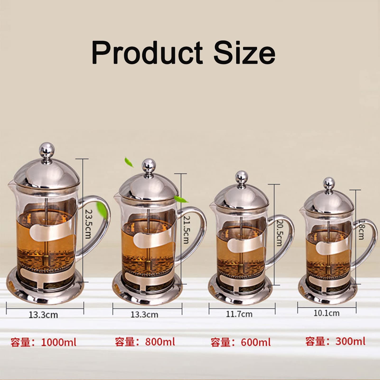 Caffettiere A Pistone, Caffettiera Francese in Acciaio Inox 304 con Sistema di Filtrazione A 3 Livelli, French Press Teiera Vetro Borosilicato, Resistente al Calore Durevole, Facile da Pulire