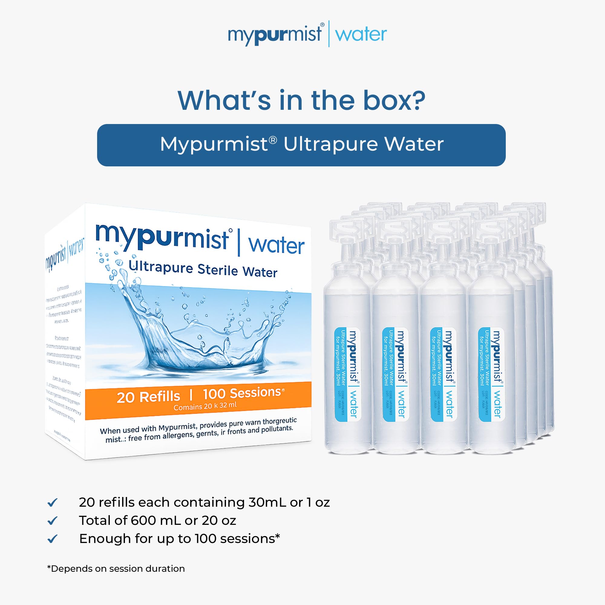 Mypurmist Ultrapure Sterile Water Refills for Steam Inhalers 600 ml | 20 sealed 30 ml refills made for Mypurmist steam inhalers and facial steamers; not for injection. product thumbnail 7
