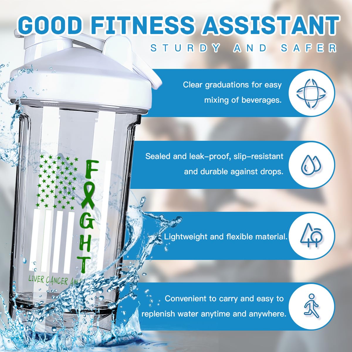 Breast Cancer Warrior Support Squad Liver Cancer Awareness 18 Ounce Shaker Cup,Fashion Theme Pattern Shaker Bottle Leak-proof Workout Shake Bottles 500ML/18 oz Perfect for Pre Workout