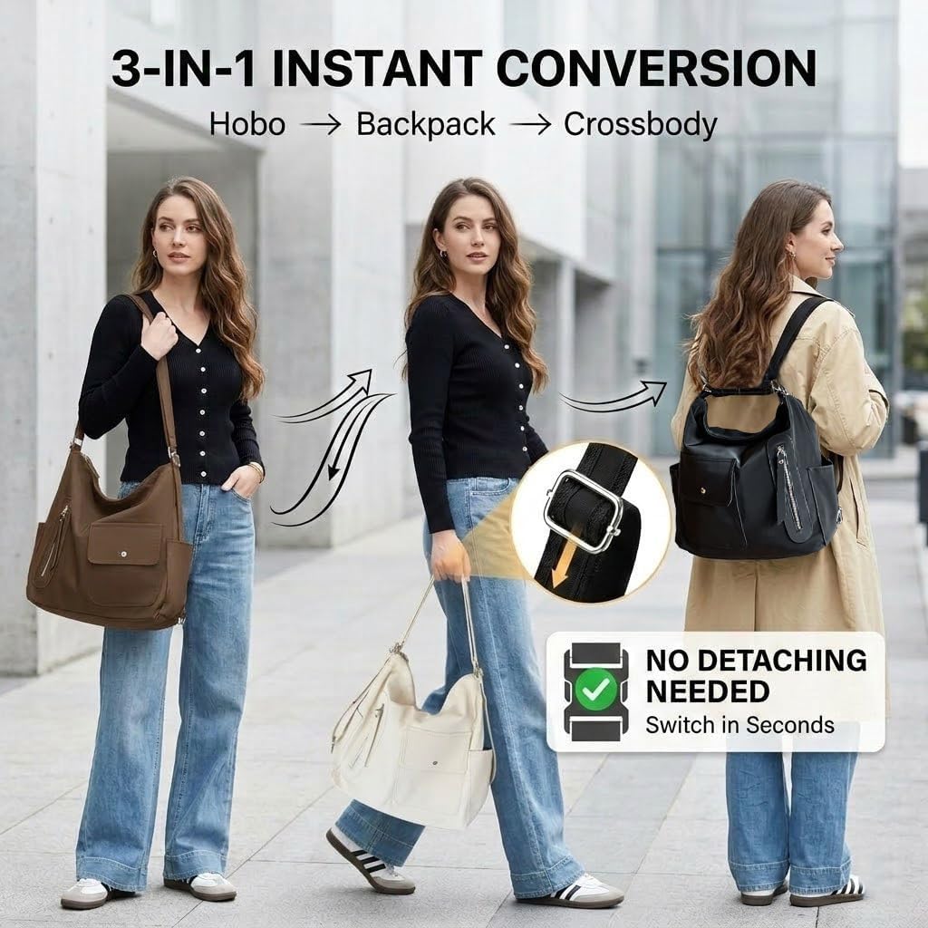 3-in-1 Convertible Backpack & Hobo Bag, PU-Coated Waterproof Nylon Y2K Purse, Fits 13" Laptop for Women, Travel Work