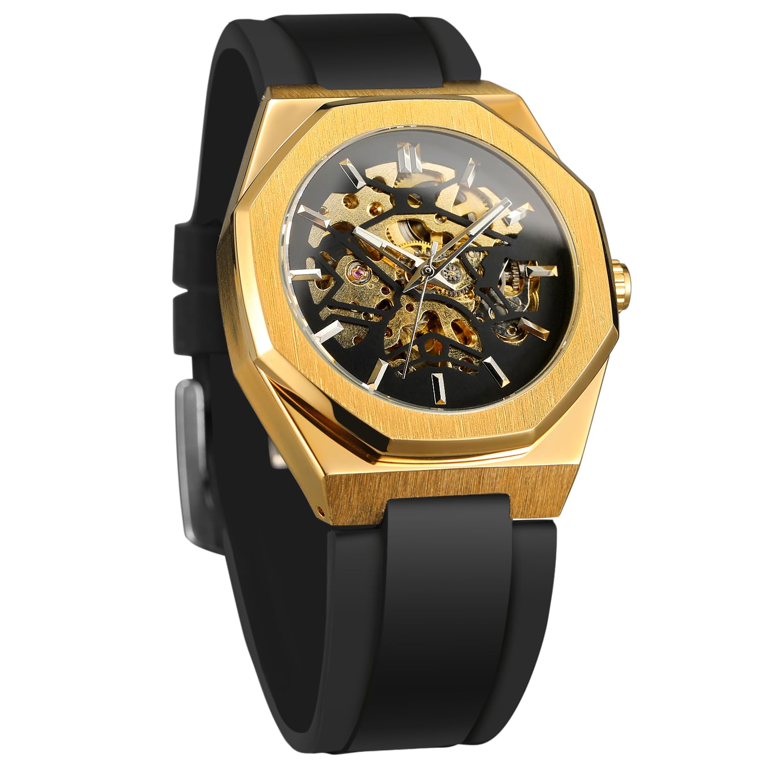 Reloj mecánico automático esqueleto para hombre con manecillas luminosas, correa de silicona negra, caja octogonal
