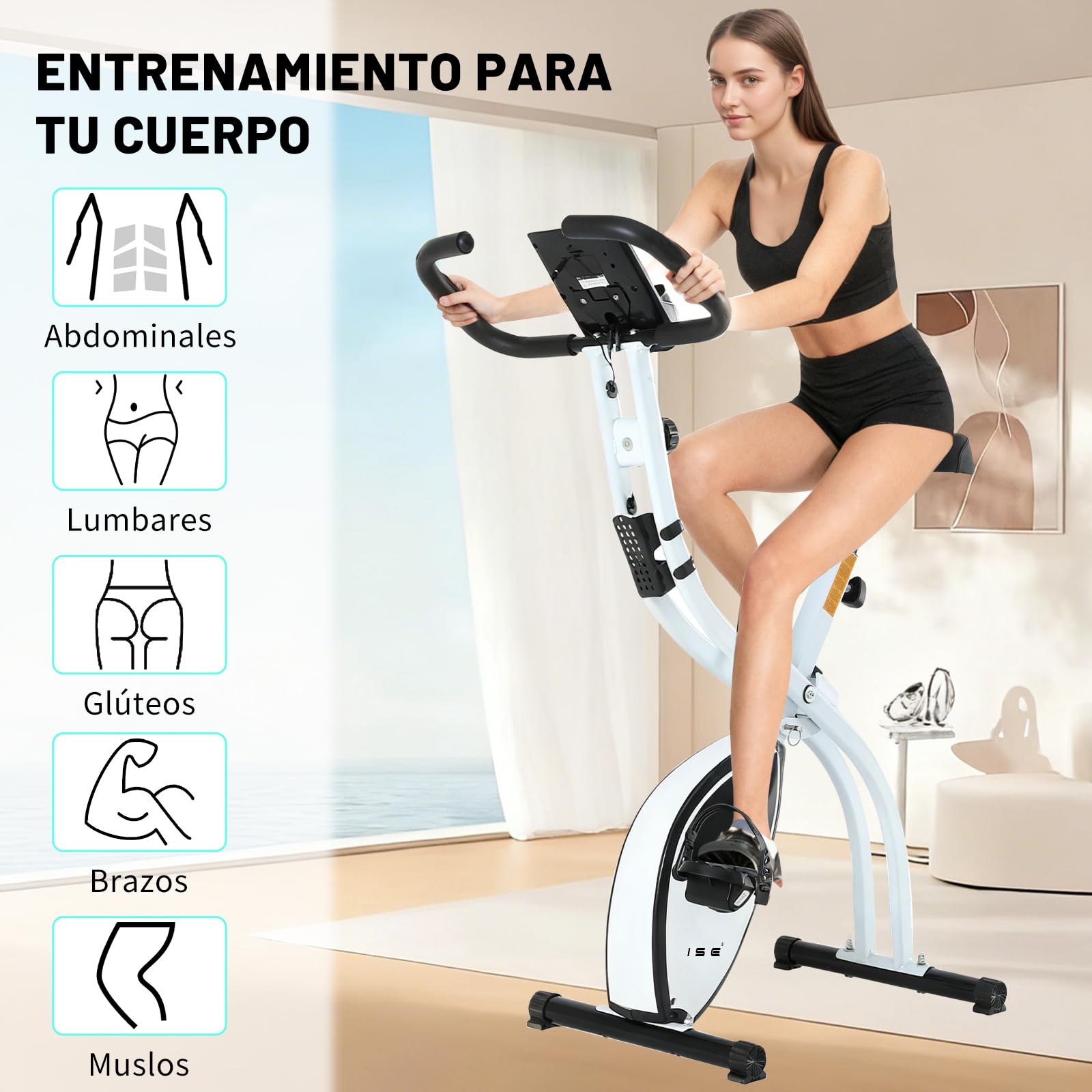 ISE Bicicleta estática plegable Cardio Training Fitness 8 niveles de resistencia magnética pantalla LCD Entrenamiento con sensor de frecuencia cardiaca, SY-810L