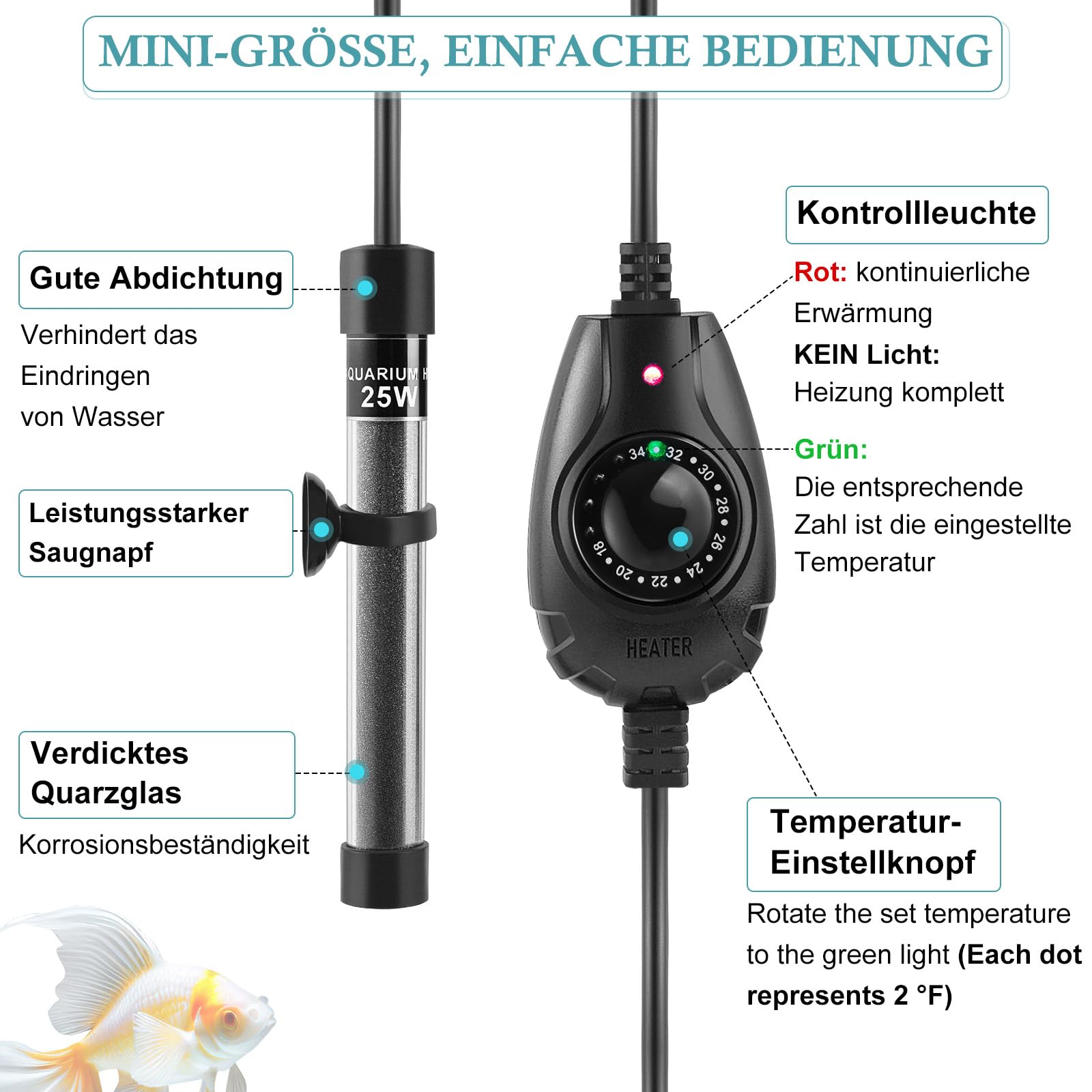FEDOUR Mini Aquarium Heizung 15W 25W 35W Tauchbare Heizstab für 1-30L Aquarium mit externem Temperaturregler