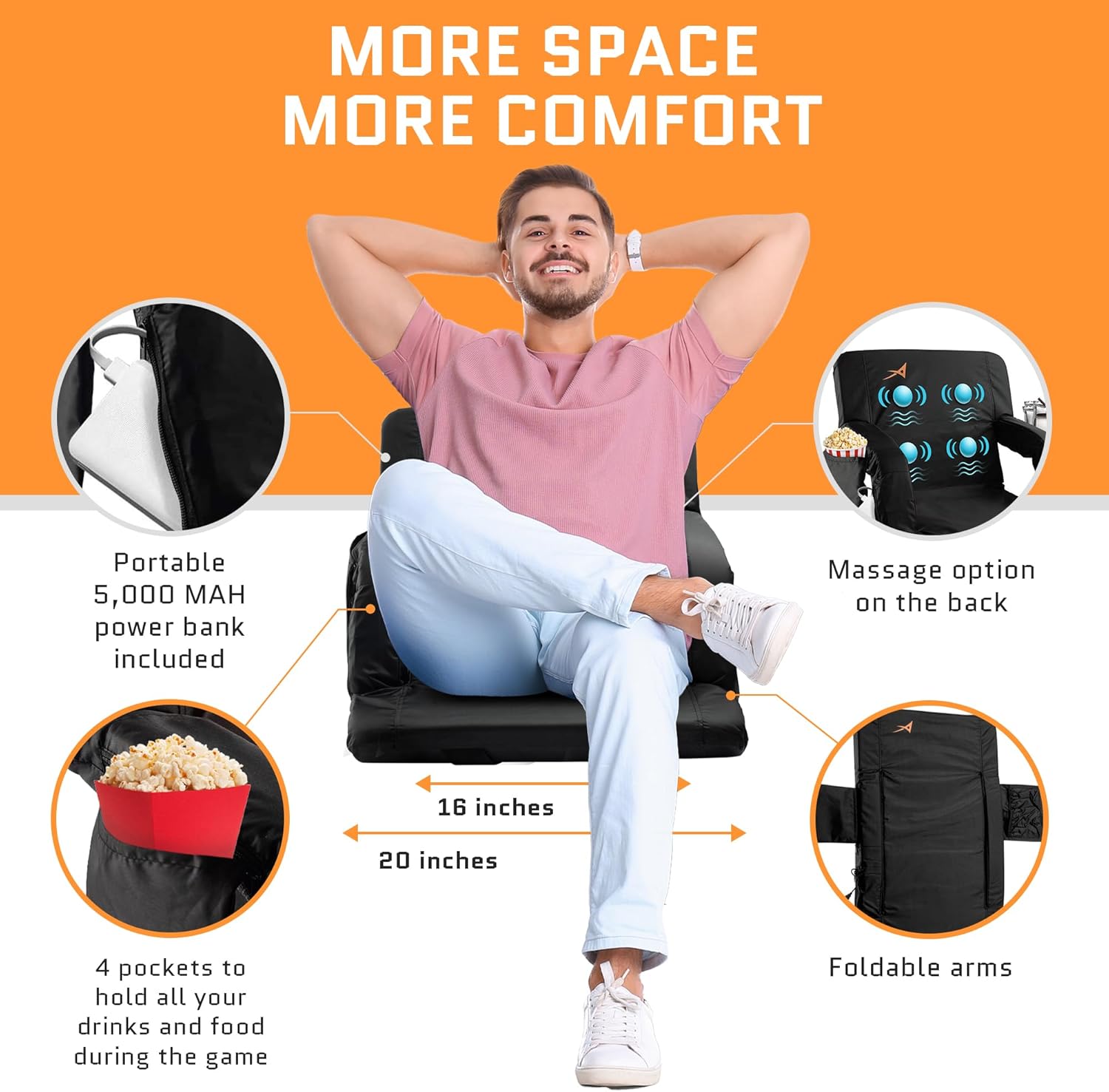 ACELETIQS Massage Bleacher Seat with Backrest Stadium Seats for Bleachers Stadium Seat Cushion Stadium Seating for Bleachers, USB Battery Included - Upgraded 3 Levels of Massage - Memory Cushioned…
