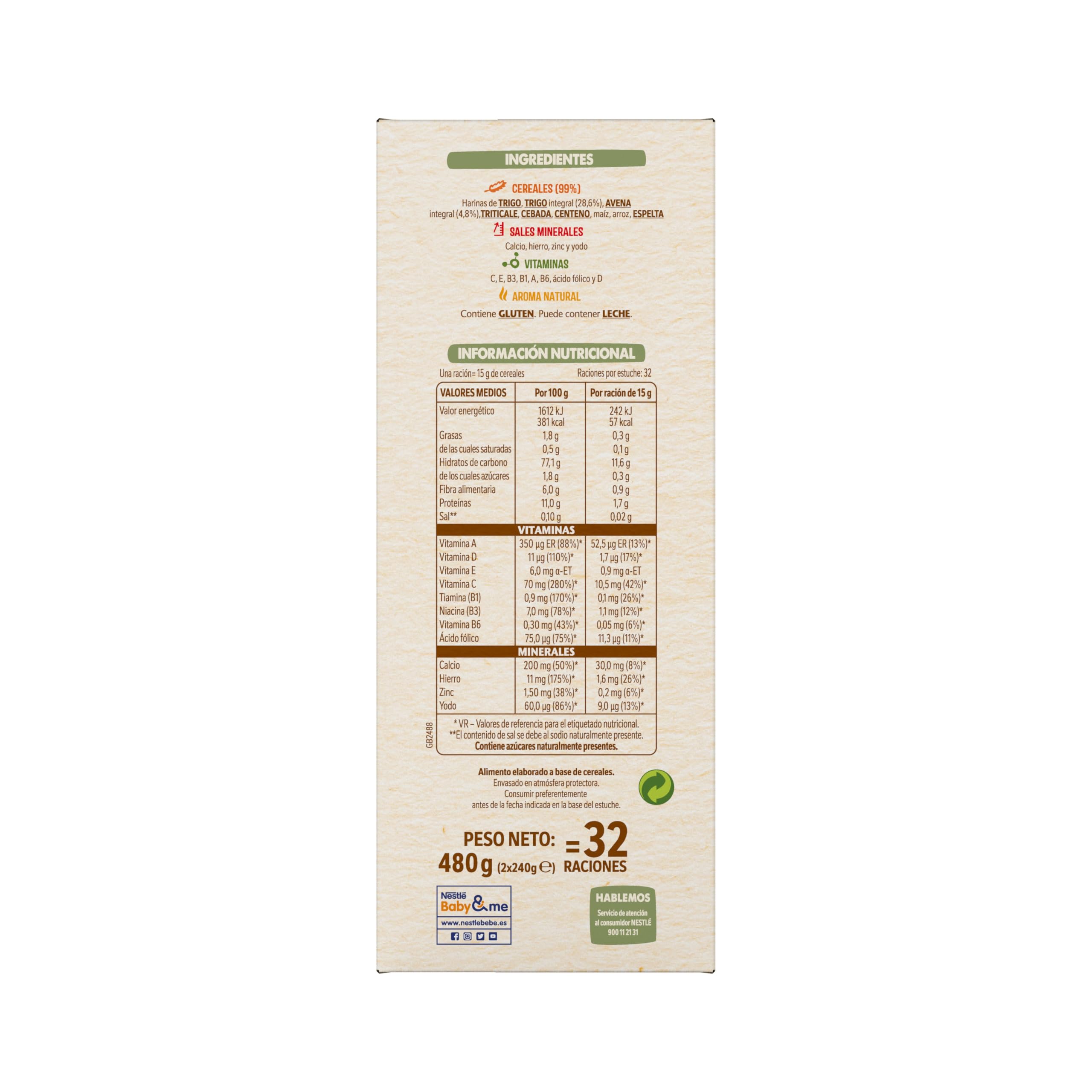 NESTLÉ 0%0% Papilla 8 Cereales 480g, sin azúcares añadidos ni producidos, a partir de 6 meses, pack de 8