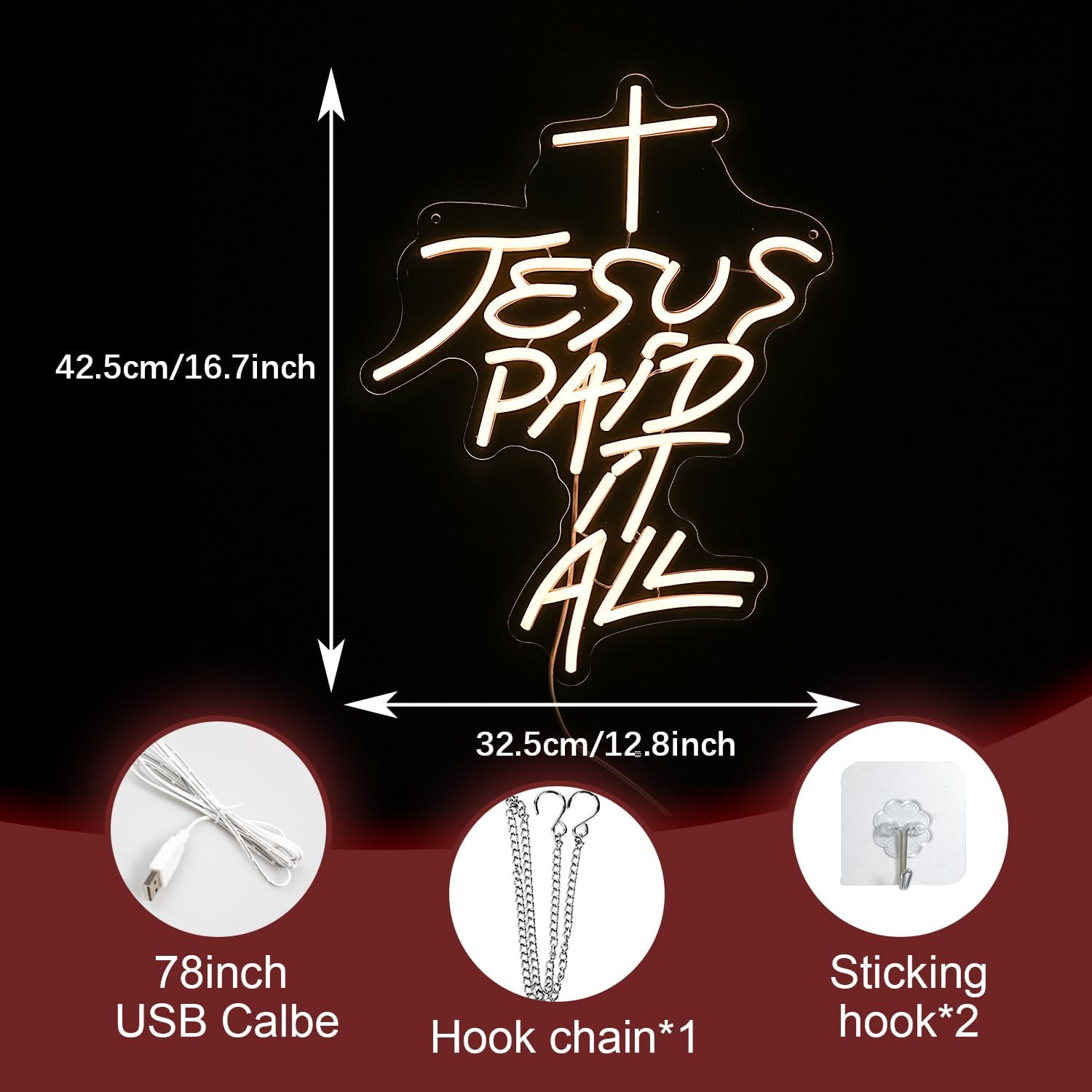 Jesus Paid It All Neon Sign Warm White Cross Neon Light for Wall Decor Dimmable Jesus Cross LED Light Up Sign for Christian Church Christmas Home Wedding Decor Birthday Gifts(16.7*12.8 In)