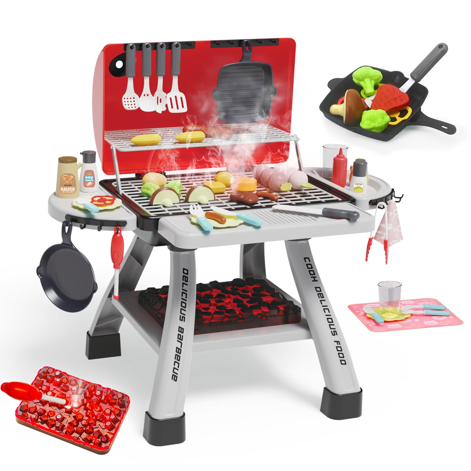 Kids Bbq Grill Playset Realistic Smoke Sound And Light Toy