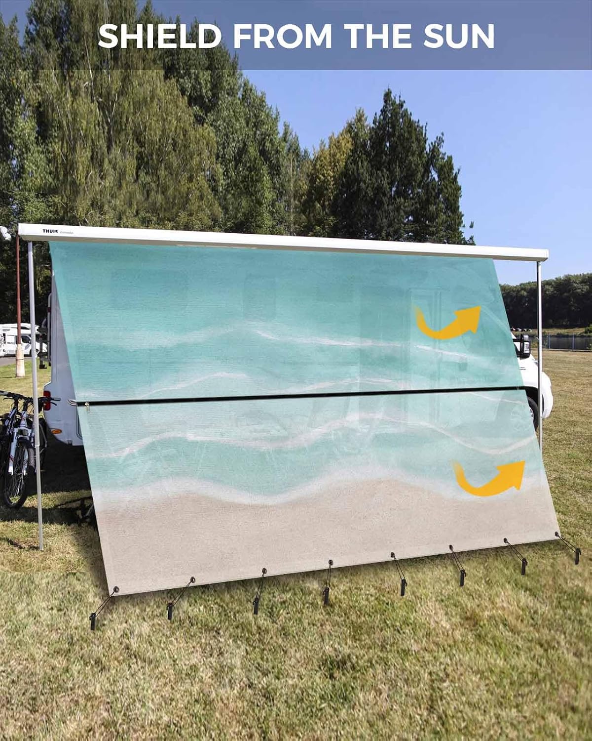 Summer Green Beach RV Awning Sun Shade Screen with Zipper 9'x13.5' Coastal Nautical Watercolor Gradient Ocean Waves Mesh Sunshade UV Blocker Awning Shade Complete Kits for Motorhome Camper Canopy