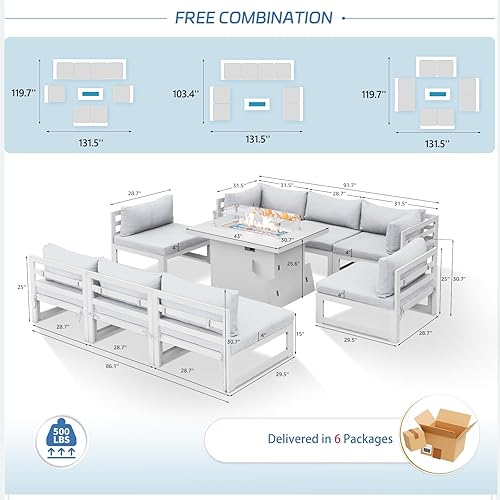 Miniatura 542 de NICESOUL 7 Piece White Powder-Coated Aluminum Patio Furniture with Fire Pit Table, 29 Inch Extra Wide Outdoor Sectional Sofa for 6, High-End Heavy