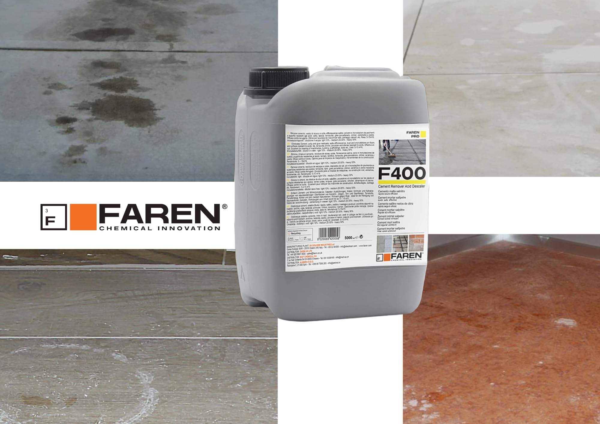 Faren F400, Disincrostante Concentrato Elimina Cemento, Malta, Calcare, Ossidazioni,ideale per Pavimenti e Metalli,5lt