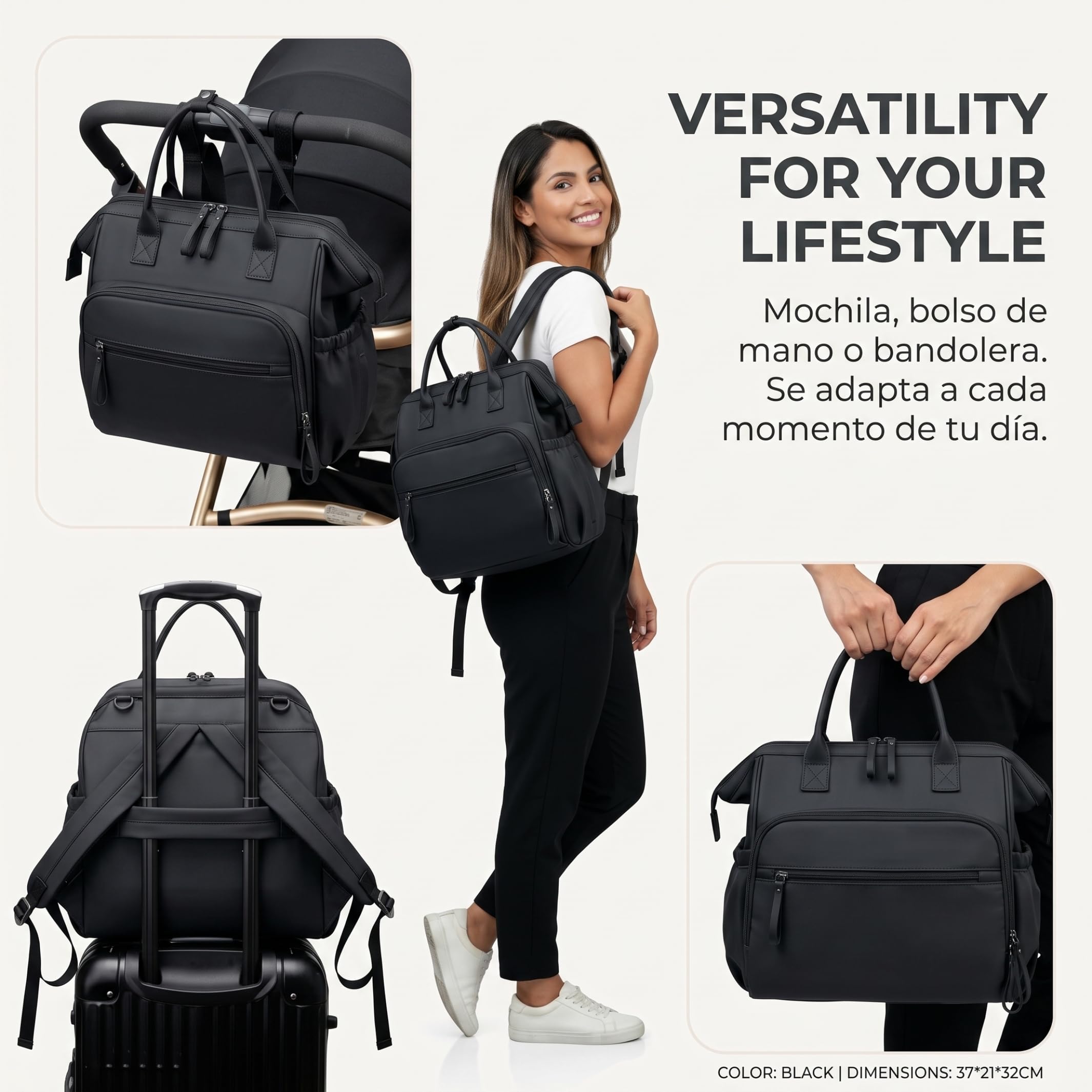 Borsa tote per pannolini, zaino impermeabile di capacità, nero
