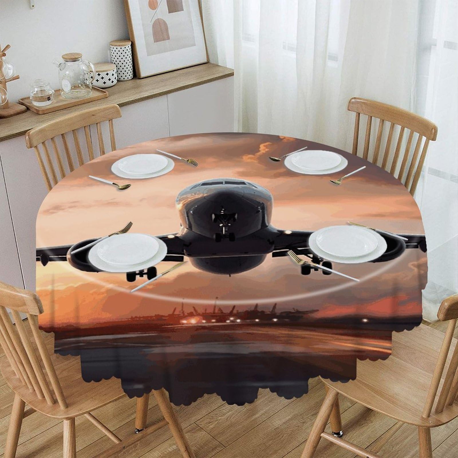 VstaDank Airplane Art Round Tablecloth 60 Inch Easy to Clean Circle Table Cover Thick Decorative Round Polyester Table Cloth for Dining Kitchen Party Farmhouse Outdoor