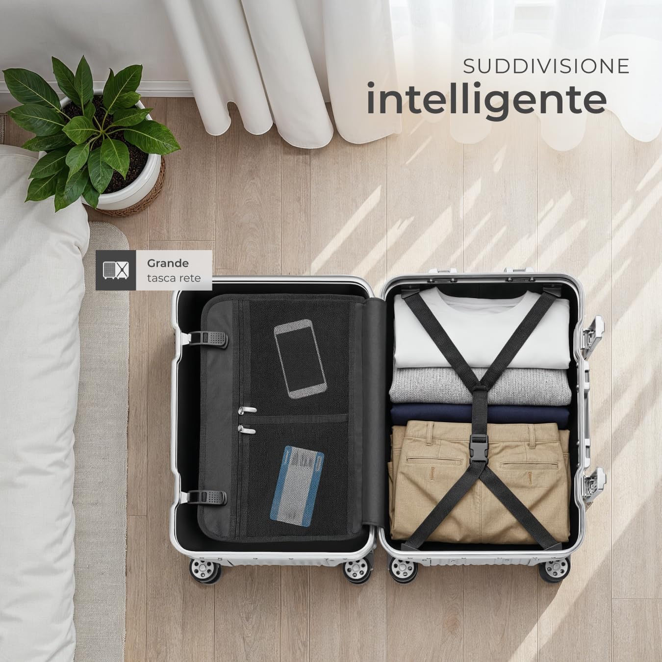 tectake® trolley bagaglio a mano, 53x38x24,5 cm, 36L, per cappelliera Easyjet, British Airways, Jet2, valigia bagaglio a mano, lega alluminio magnesio, TSA, ruote doppie 360 gradi, luggage rigida