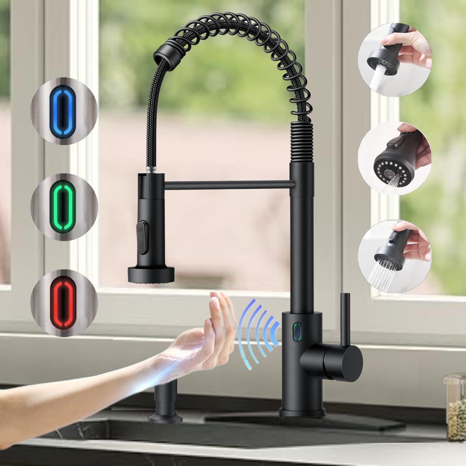 Touch-Less Kitchen Faucet, 3 Modes Pull Down Sprayer, Sensor Activated, LED Temperature Control, 360-Degree Rotation, 1 or 3 Hole Deck Plate. 10-Year Warranty.(Dark Black, KW-79RR)