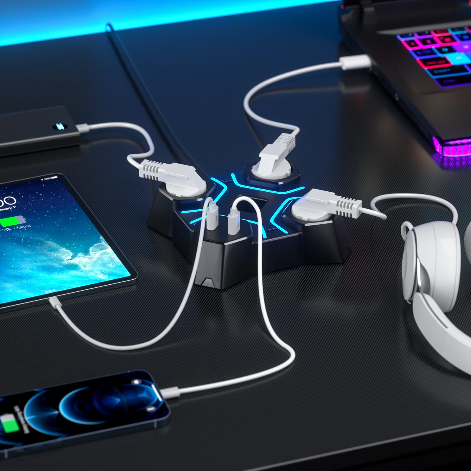 KDD Uchwyt na słuchawki LED ze stacją ładującą USB, uchwyt na kontroler i słuchawki, stojak na słuchawki z 2 portami USB i 3 gniazdami EU, stojak na słuchawki i uchwyt kontrolera dla graczy, akcesoria