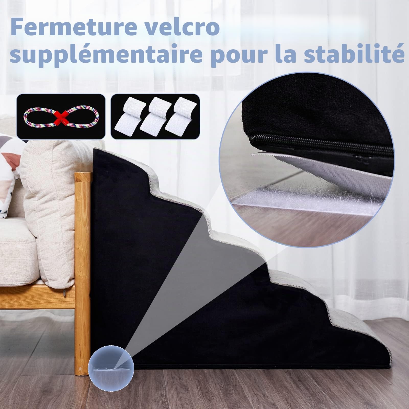 A.FATI Escalier pour chien de 60 cm de haut, 5 marches pour lit à sommier tapissier, canapé, escalier antidérapant pour animaux de compagnie pour petits chiens ou chats blessés – avec corde jouet pour