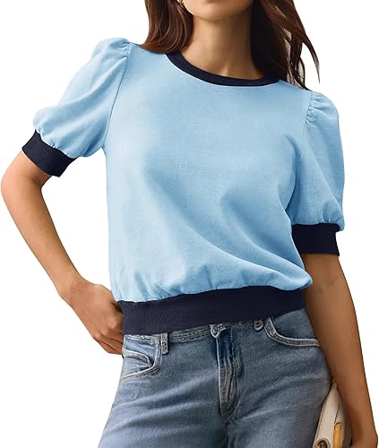 MEROKEETY Camisetas cortas de verano 2024 para mujer, manga corta, cuello redondo, bloque de color, camisas casuales elegantes