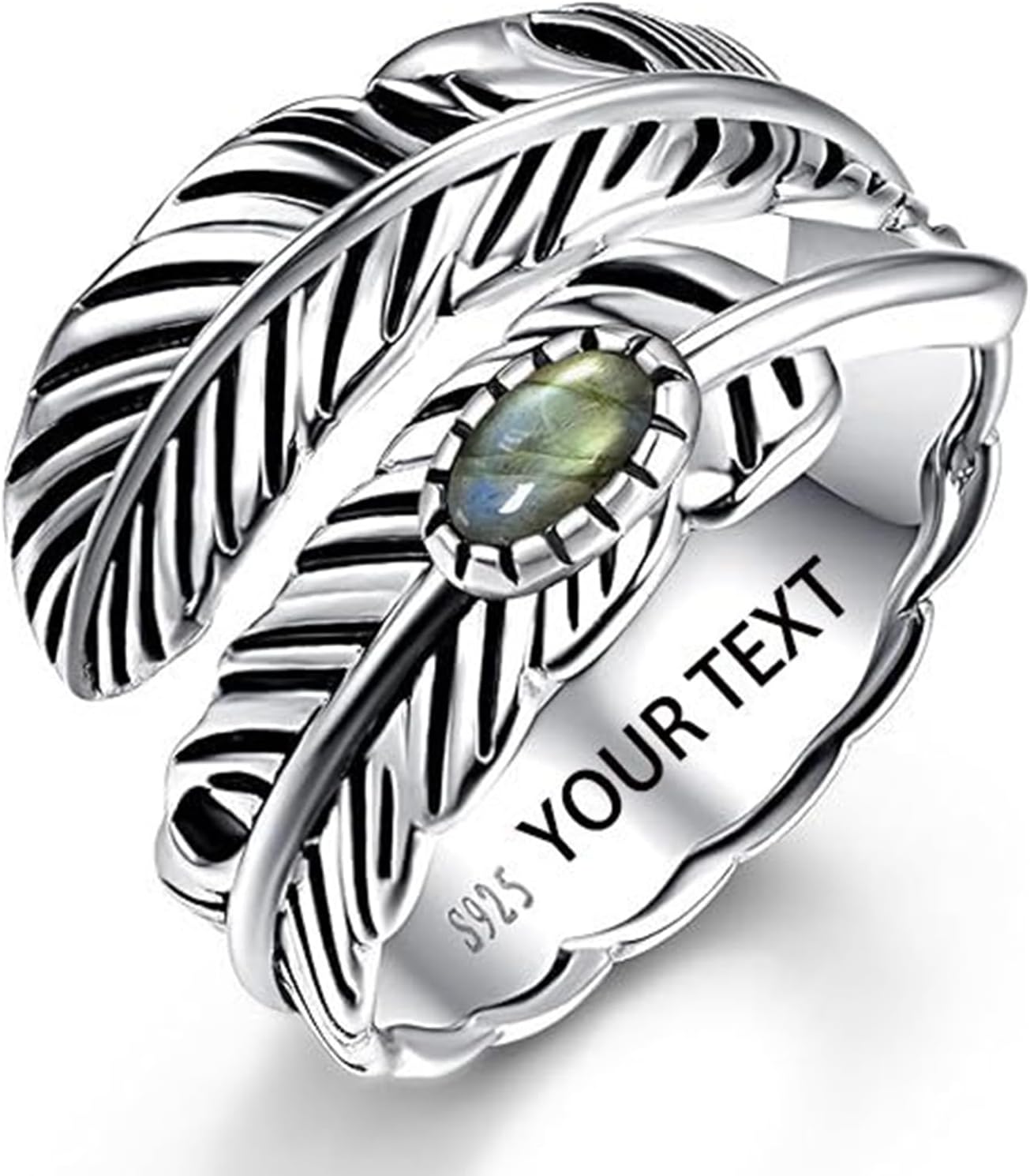 Sterling Silver Feather Ring with Black Onyx & Turquoise - Adjustable Stacking Vintage Statement Ring for Women & Men