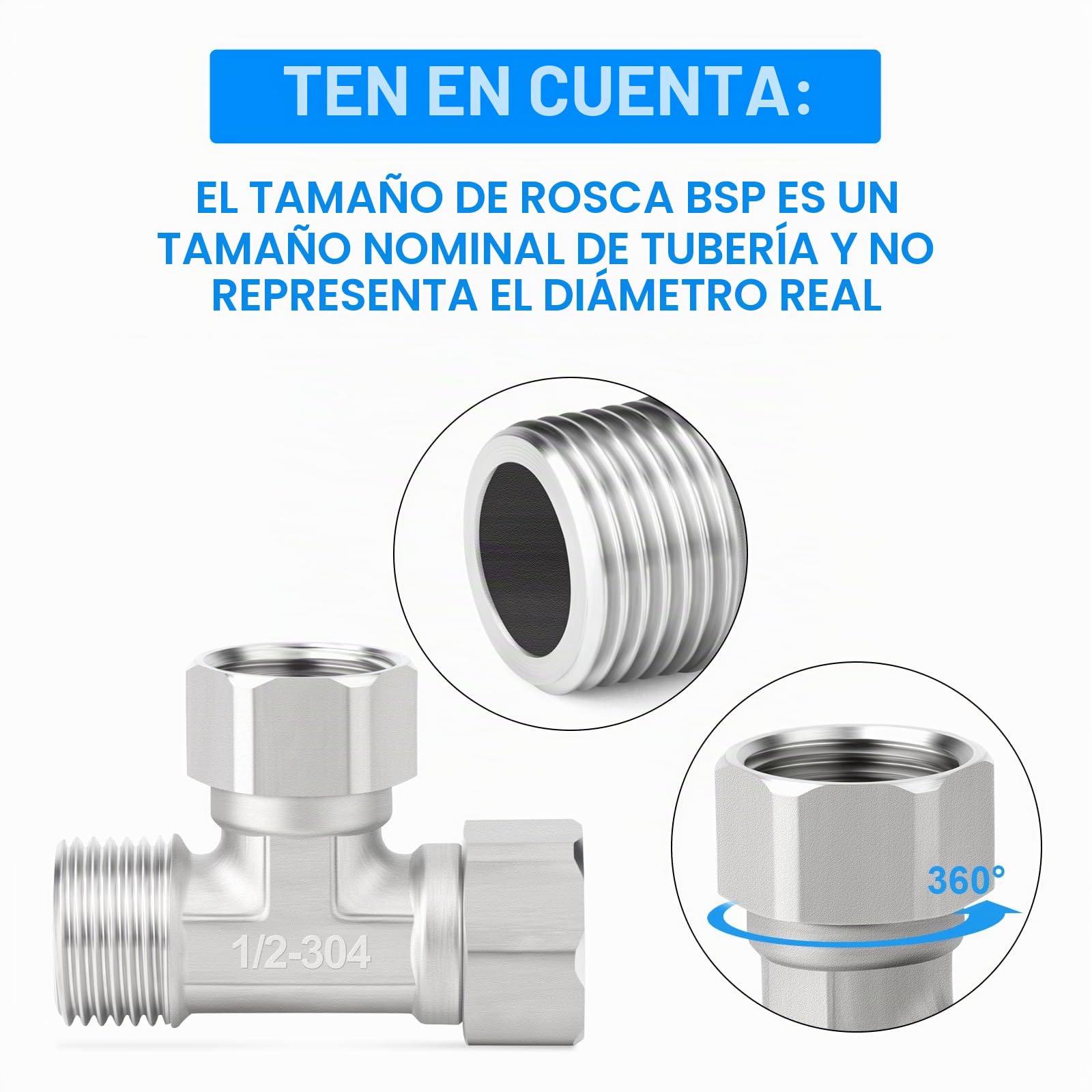 Conector en T flexible 3 vías acero inoxidable 304 1/2" macho BSP tuerca de unión para rociador