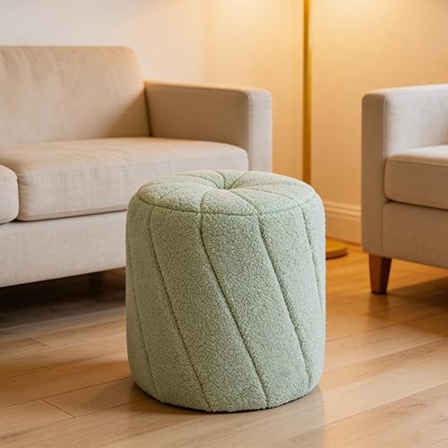 Miniatura 7 de Otomana redonda moderna, otomana con espiral, taburete tapizado de vellón de peluche para maquillaje, dormitorio, sala de estar, verde claro Espiral