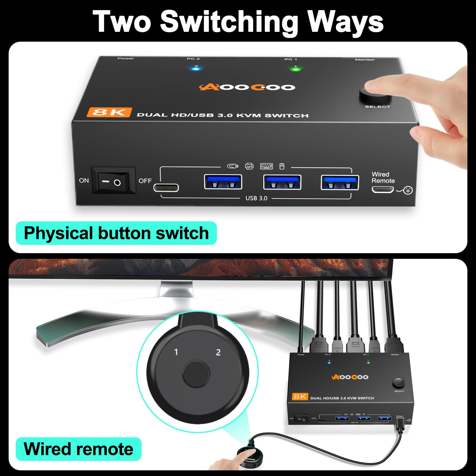 Commutateur KVM HDMI 8K @ 60Hz/4K@120Hz, commutateur KVM HDMI pour 2 ordinateurs, 2 moniteurs et 4 appareils USB 3.0, télécommande filaire et câble USB inclus