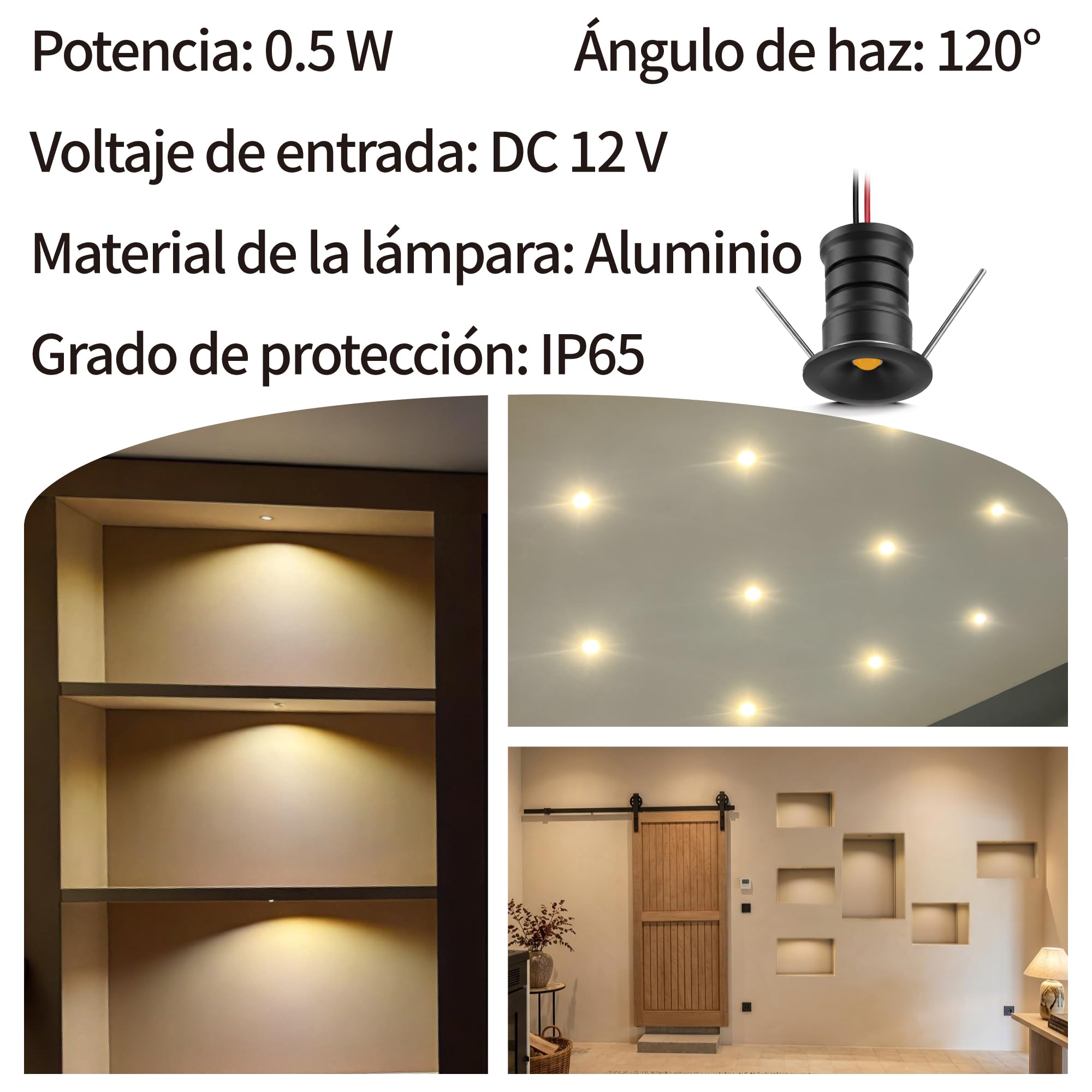 10 uds Mini Foco LED 12V 0.5W, IP65 Impermeable Spotlight Downlight Embutir Pequeño Empotrable, 10mm Micro Spot Light Para Vitrinas Pasillos Iluminación Cuadros Nicho Techo (Negro Blanco Cálido, 120°)