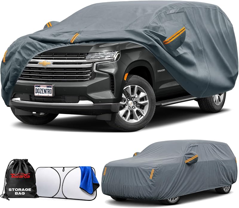 Waterproof Heavy Duty Car Cover Custom Fit Chevrolet Tahoe (2007-2026), Outdoor Covers with Sunshade, Cotton Liner and Breathable Ventilation Mesh, Full Exterior Cover Sun Rain UV Protect with Zipper