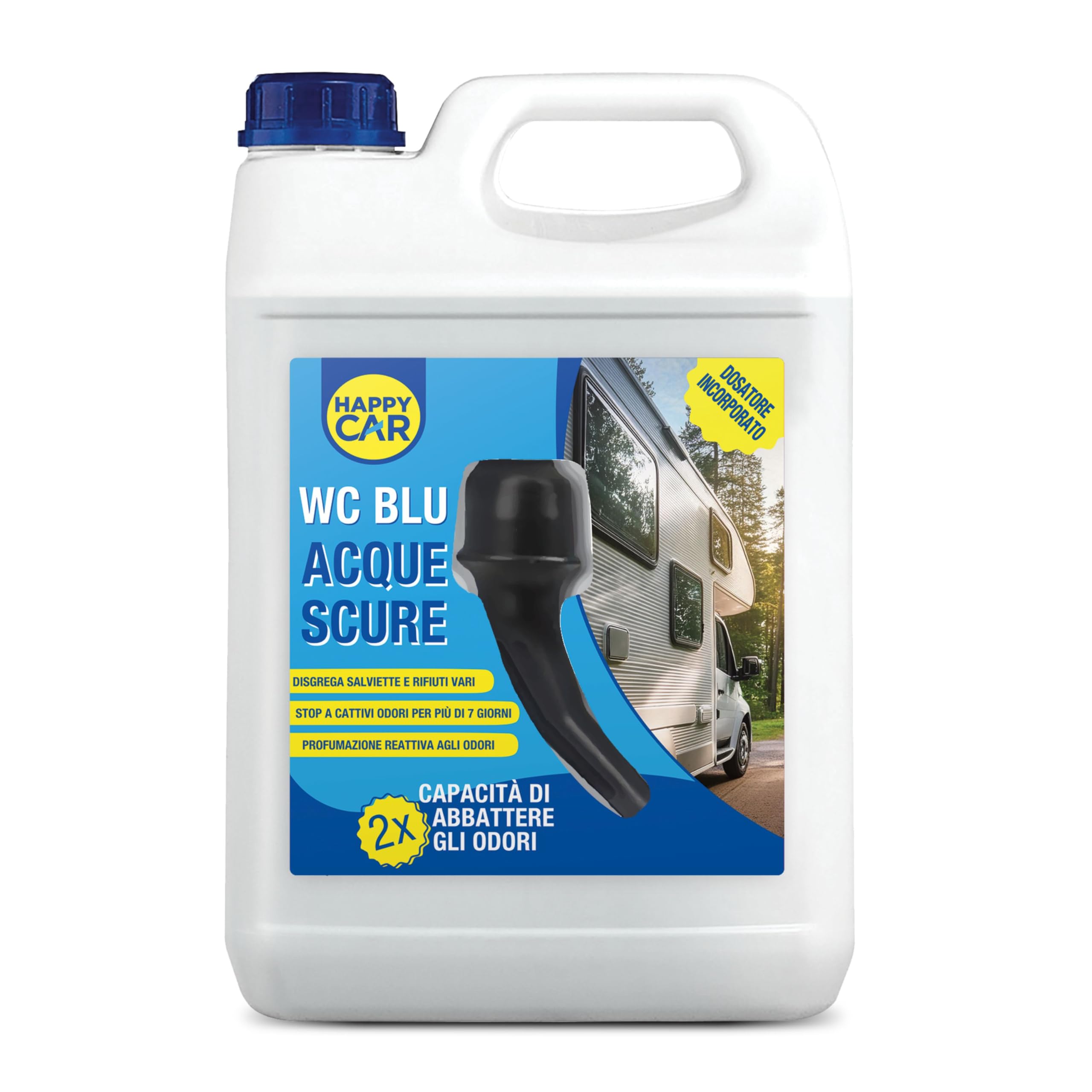 HappyCar Disgregante WC Camper Blu 5L - Liquido Acque Nere per Roulotte, Stop Cattivi Odori, Profumazione Reattiva e 2X Potere Deodorizzante con Dosatore Incluso - Made in Italy